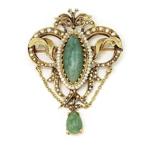Once Upon A Diamond Antique Jade Pendant Brooch with Pearls 14K