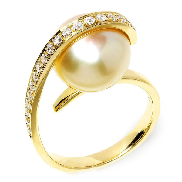 Golden South Sea Pearl Ring with Diamonds 18K Gold 12MM
