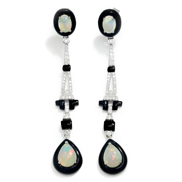 Art Deco Style Opal Drop Dangle Earrings with Diamonds White Gold