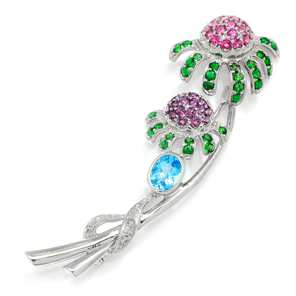 Vintage Multi-Gemstone Flower Brooch Pin 14K White Gold