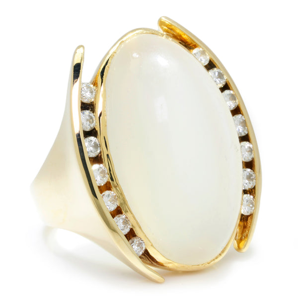 Oval White Cat's Eye Ring with Diamonds Yellow Gold