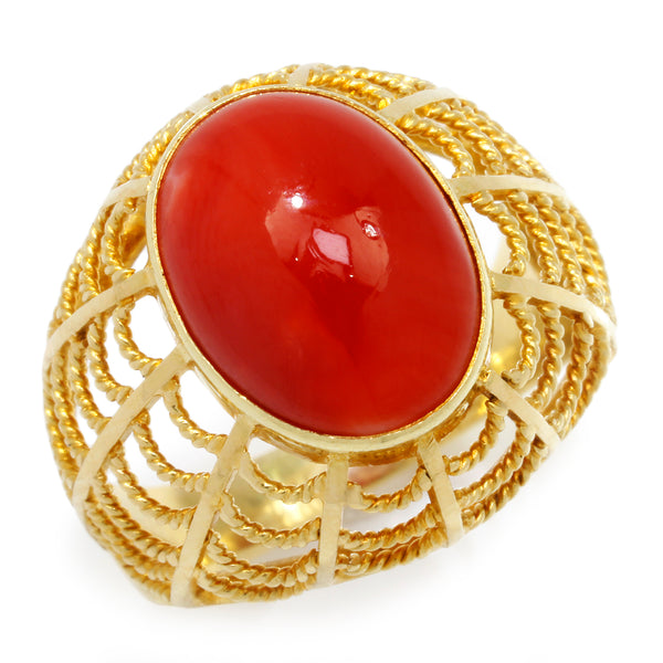 Oval Coral Solitaire Rope Ladder Ring 18K Yellow Gold