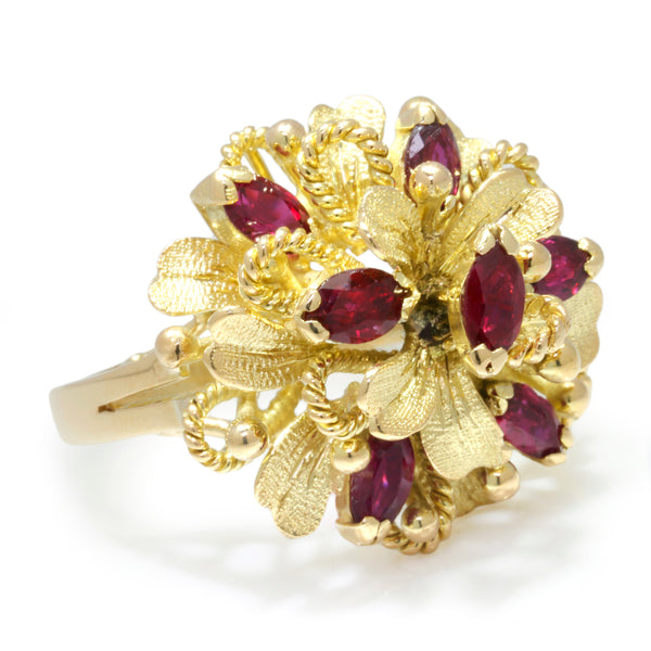 Vintage Ruby Flower Rope Ring 14K Yellow Gold 1.40ctw