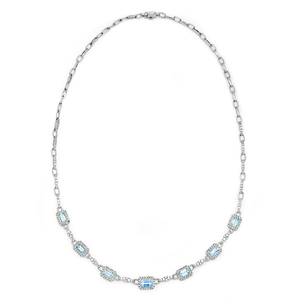 Aquamarine Link Necklace with Diamonds White Gold 18"