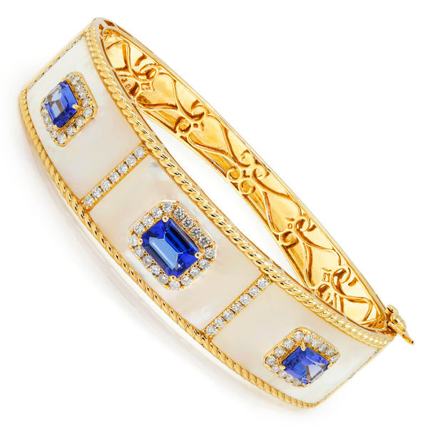 Triple Tanzanite Gold Bangle with Diamonds in Mother of Pearl