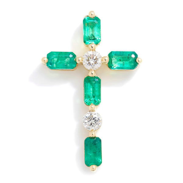 Emerald Crucifix Pendant with Diamonds Yellow Gold 1.77ctw