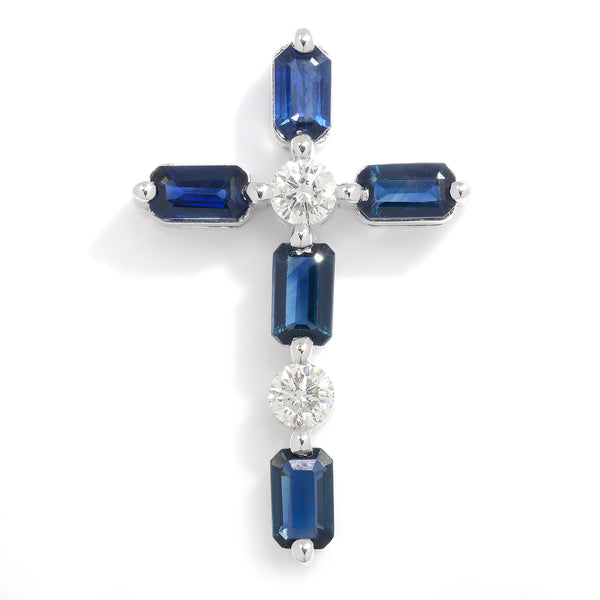 Sapphire Crucifix Pendant with Diamonds White Gold 1.85ctw