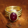 Vintage Oval Cabochon Ruby Diamond Solitaire Ring 18K Yellow Gold