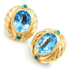 Oval Blue Topaz & Cabochon Emerald Omega Earrings Yellow Gold