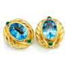 Oval Blue Topaz & Cabochon Emerald Omega Earrings Yellow Gold