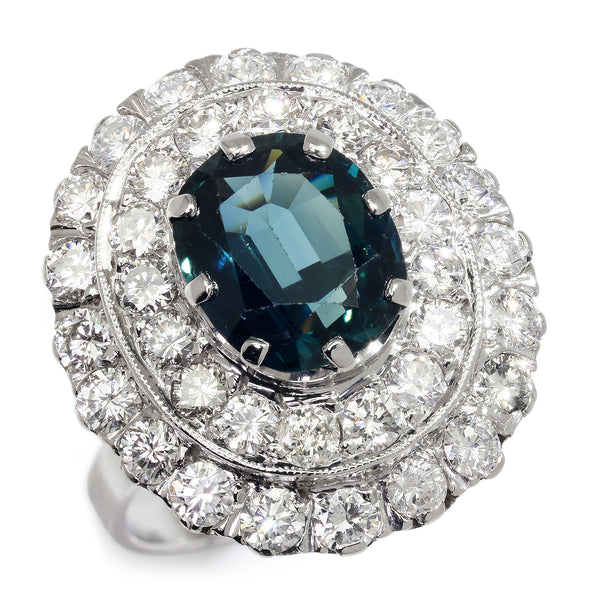 Vintage Greenish Blue Sapphire Ring with Diamonds White Gold 5.00ctw