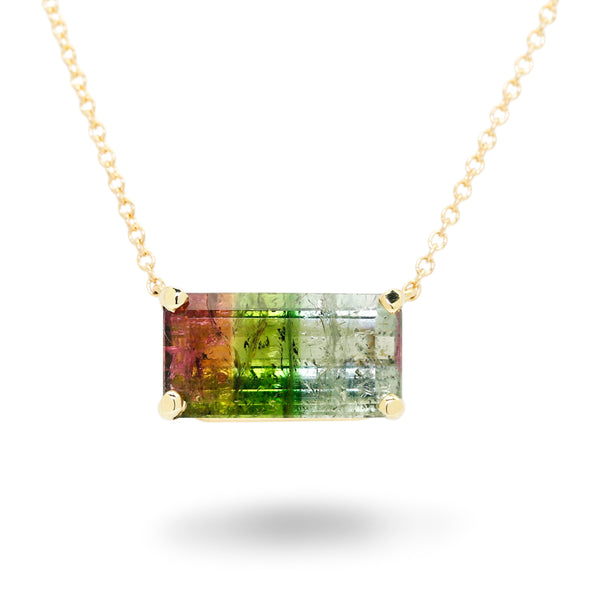 Tri-Color Tourmaline Solitaire Drop Pendant Necklace Yellow Gold