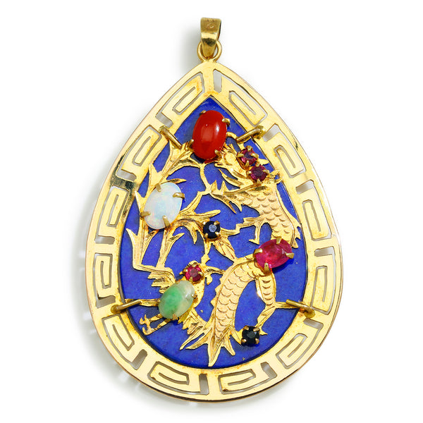 Vintage 18K Gold Dragon Teardrop Lapis Pendant Multi Jewel