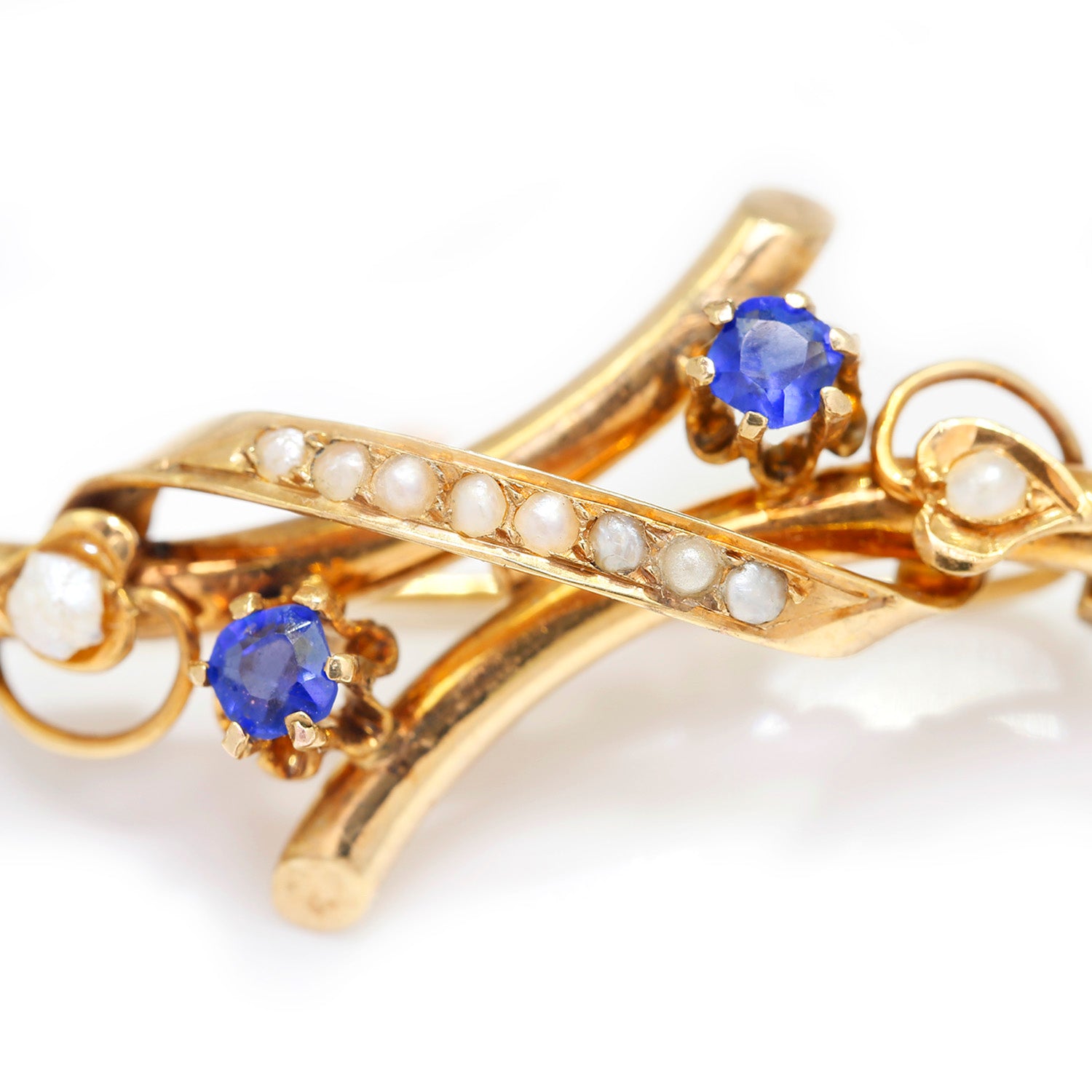 Once Upon A Diamond Brooch Yellow Gold Antique Sapphire & Seed Pearl Brooch Pin 14K Yellow Gold