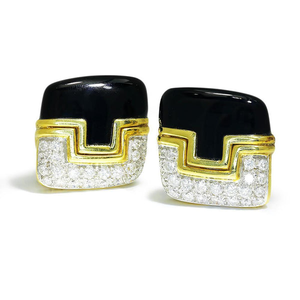 Once Upon A Diamond Earrings White & Yellow Gold Vintage Diamond & Onyx Earrings 18K Two Tone Gold 1.75ctw