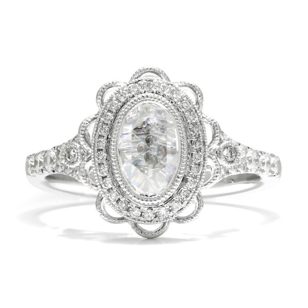 Once Upon A Diamond Engagement Ring White Gold Oval Rose Cut Diamond Filigree Engagement Ring 18K .80ctw