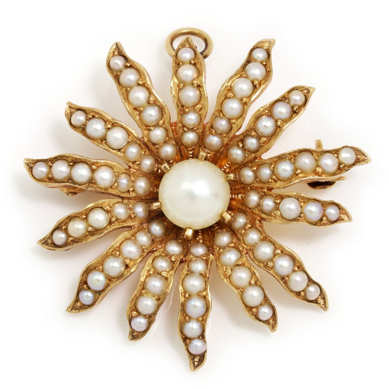 Vintage Pearl Sun Pin Pendant 14K Yellow Gold - Once Upon A Diamond