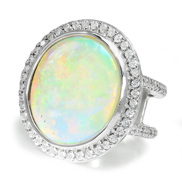 Once Upon A Diamond Ring Round Australian Opal Halo Diamond Ring White Gold 14.24ctw