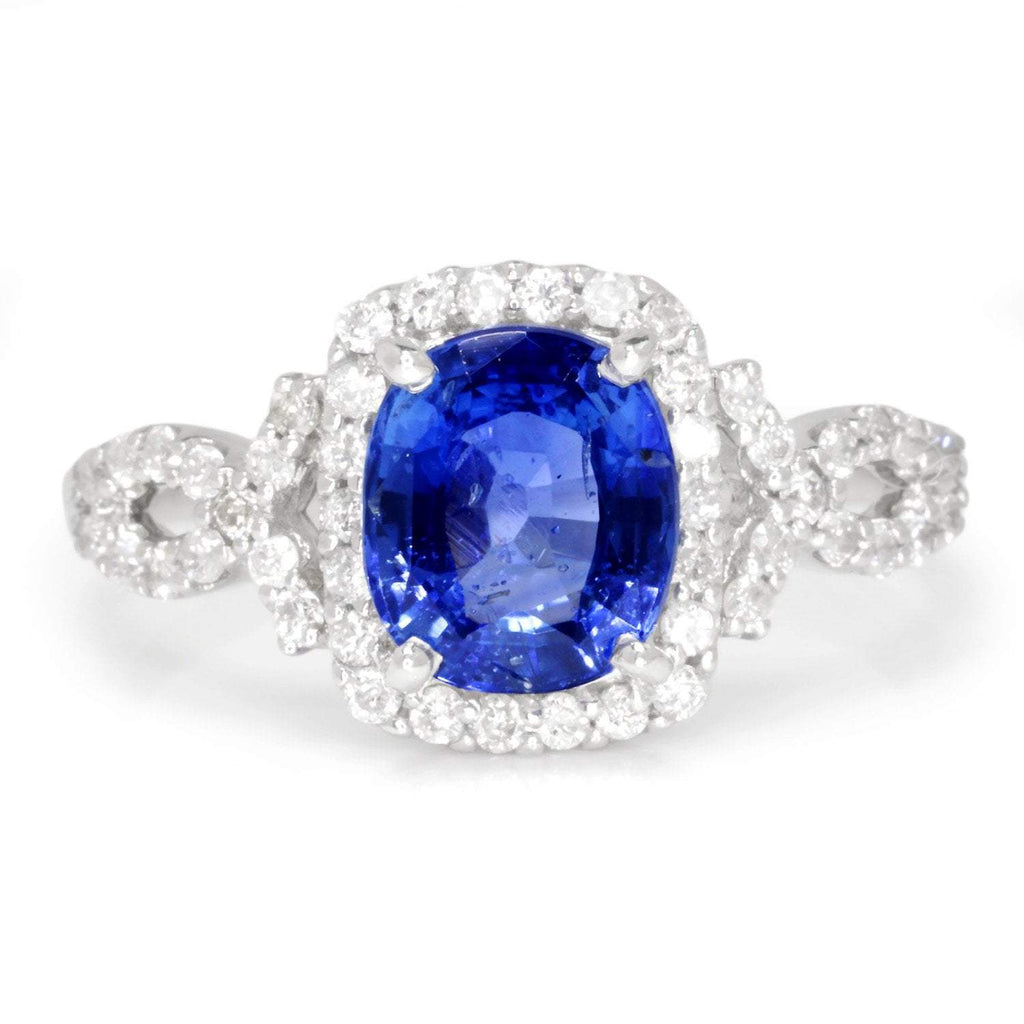 Certified NO HEAT Sapphire Ring with Diamonds 14K White Gold