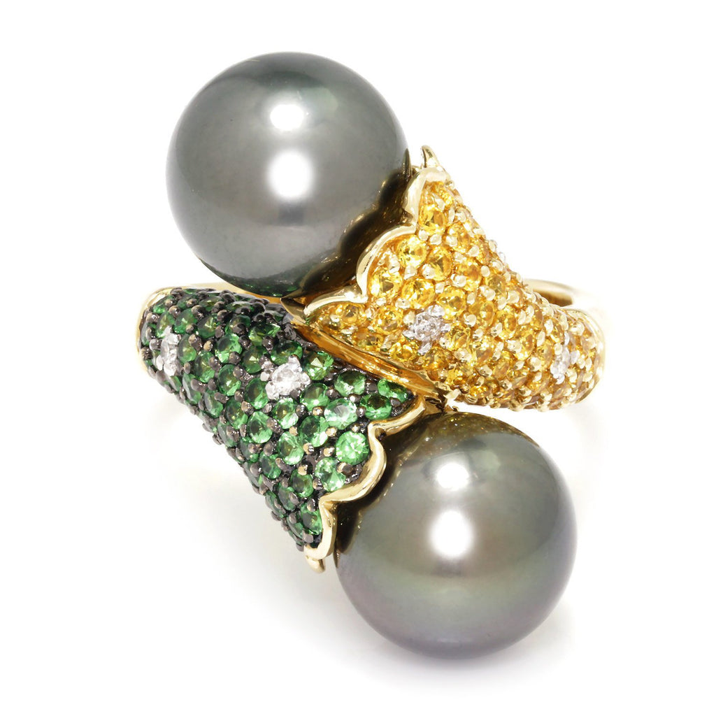 Black Tahitian Pearl Bypass Ring with Gemstones 14K Gold 11.40mm